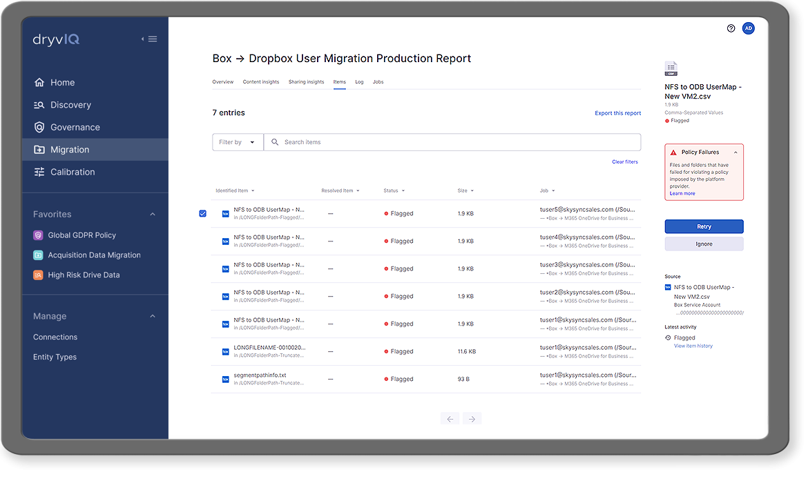 DryvIQ Migration Flagged Items Screenshot